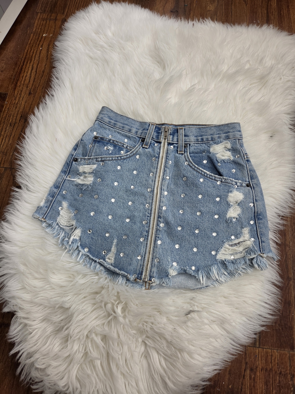 Carmar Light Blue Studded Distressed Denim Mini Skirt